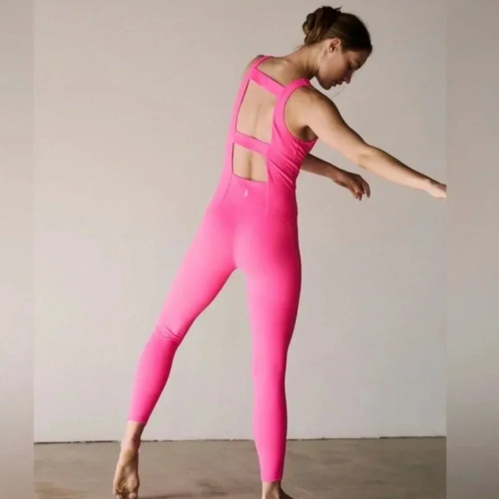 NWT Free People FP Movement Never Better Strappy Back Jumpsuit Large, HOT PINK - Picture 1 of 10